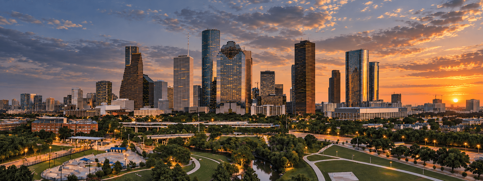 Downtown Houston skyline at sunset
