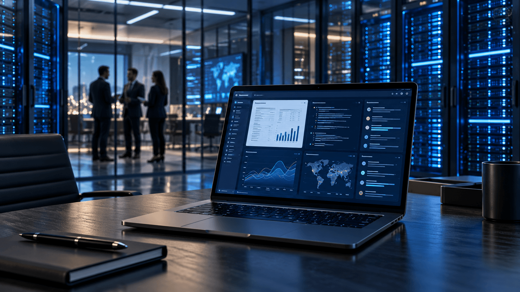 A laptop showing an AI analytics dashboard in front of a private data center
