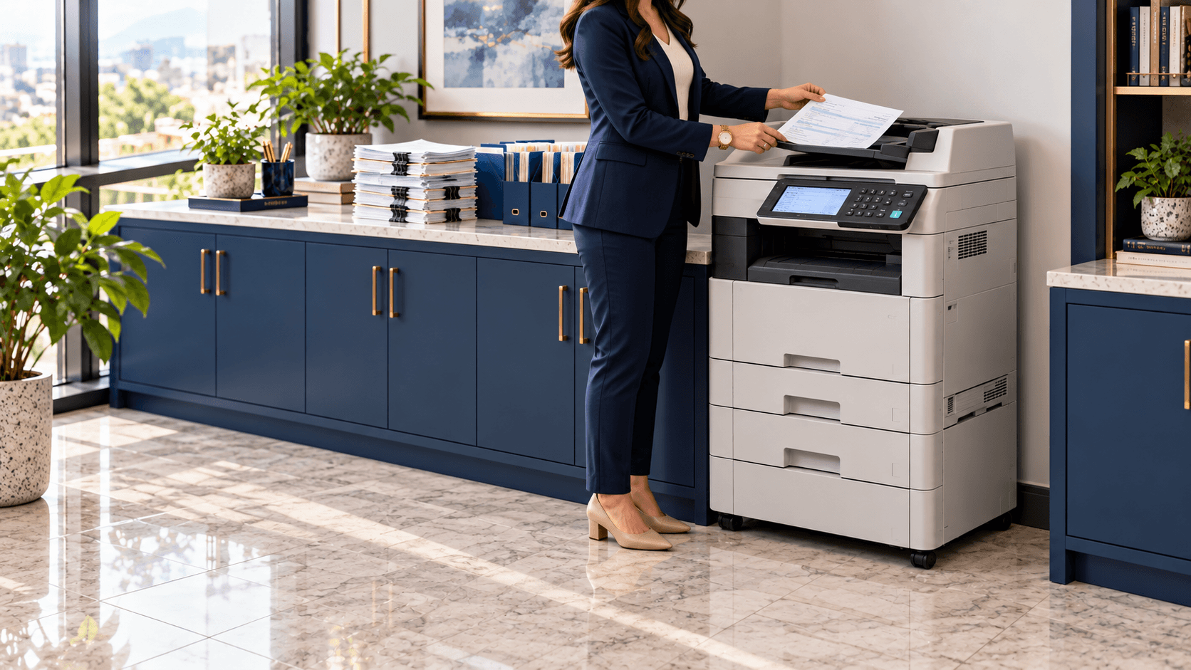 A professional scanning client tax documents at an office multifunction printer beside stacks of organized files