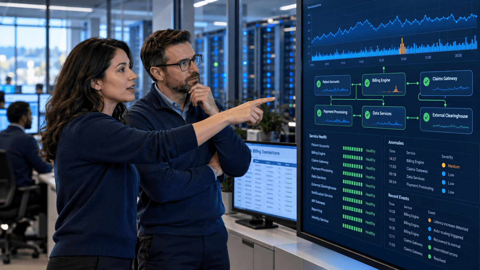Two engineers reviewing an observability dashboard showing healthcare billing service health, anomalies, and recent events