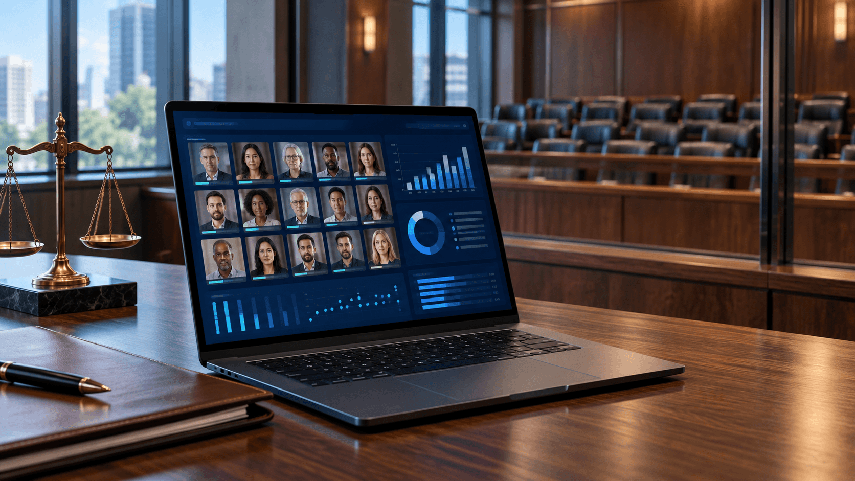An AI jury simulation dashboard on a laptop in a courtroom, showing simulated juror profiles and verdict analytics