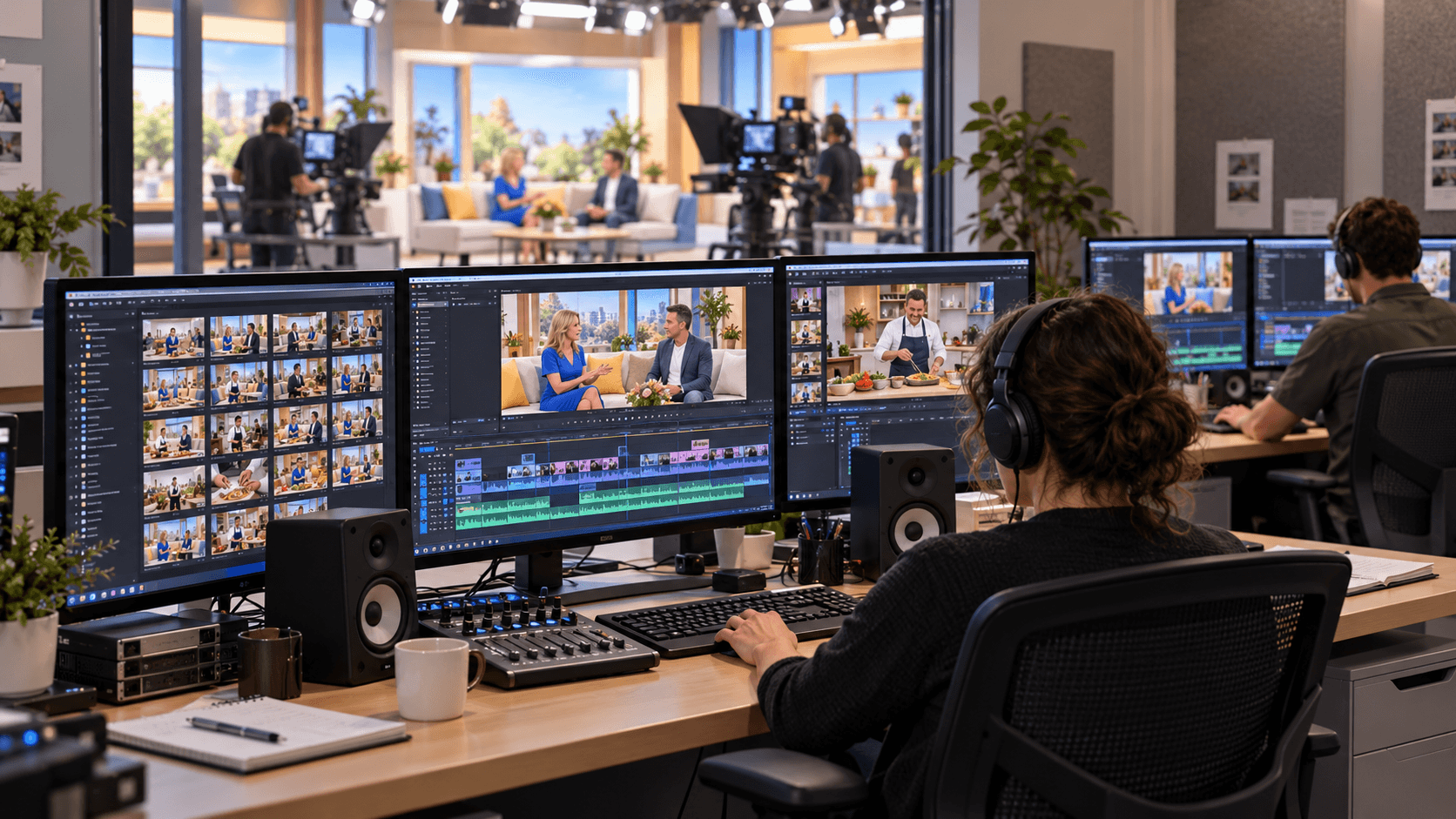 Editors reviewing a library of show episodes on multi-monitor workstations next to a live TV studio set