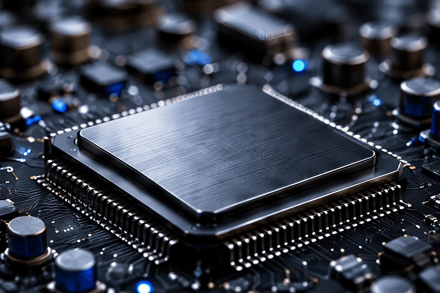 Close-up of a processor chip on a dark circuit board