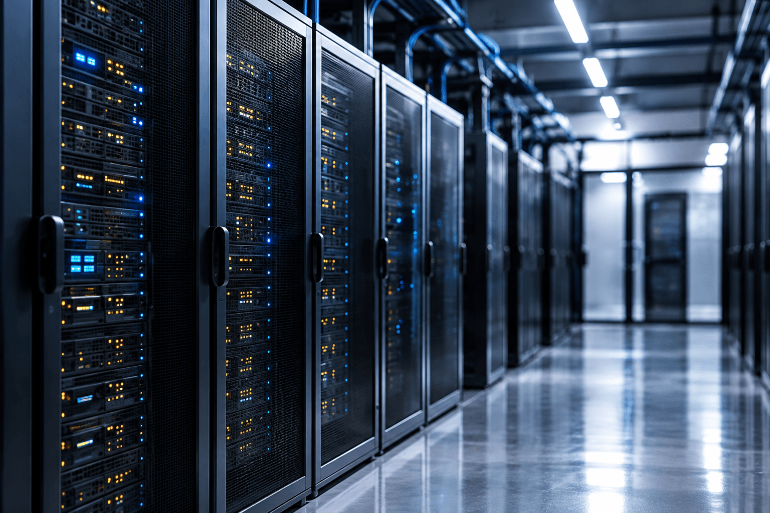 Rows of server racks in a data center