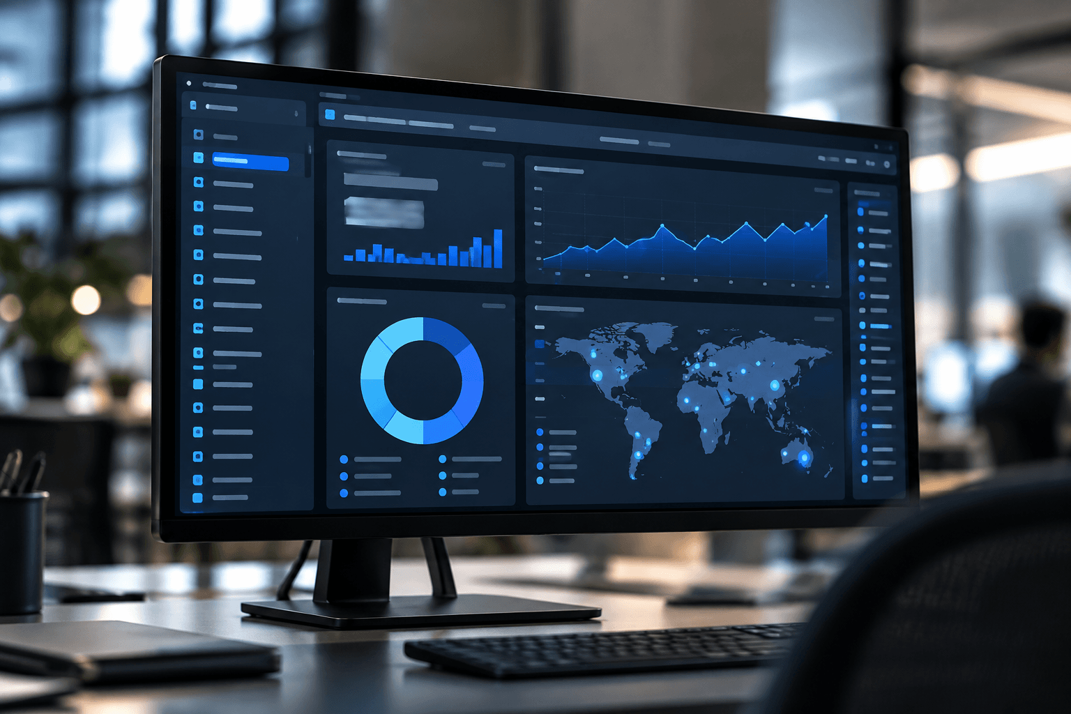 Analytics dashboard with charts and a world map on an office monitor