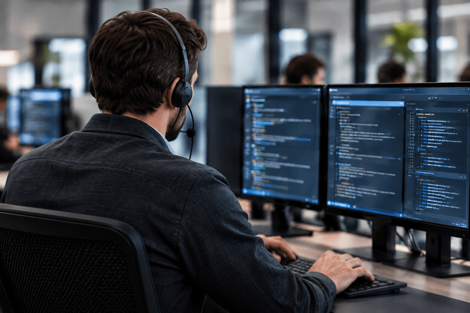 IT support technician wearing a headset, working at dual monitors