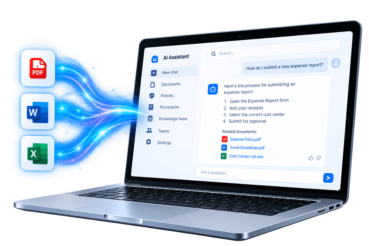 An AI assistant on a laptop answering an expense-report question from the company's own policy documents