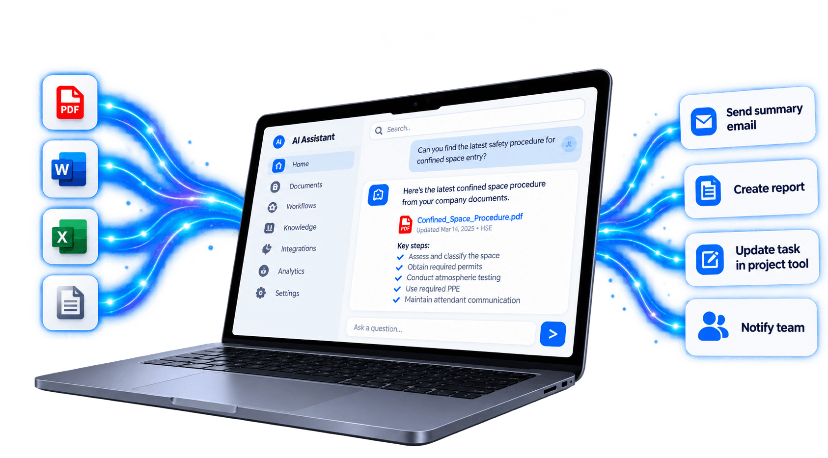 An AI assistant on a laptop that takes in PDF, Word and Excel documents, answers a safety-procedure question from them, and sends emails, creates reports, updates tasks and notifies the team