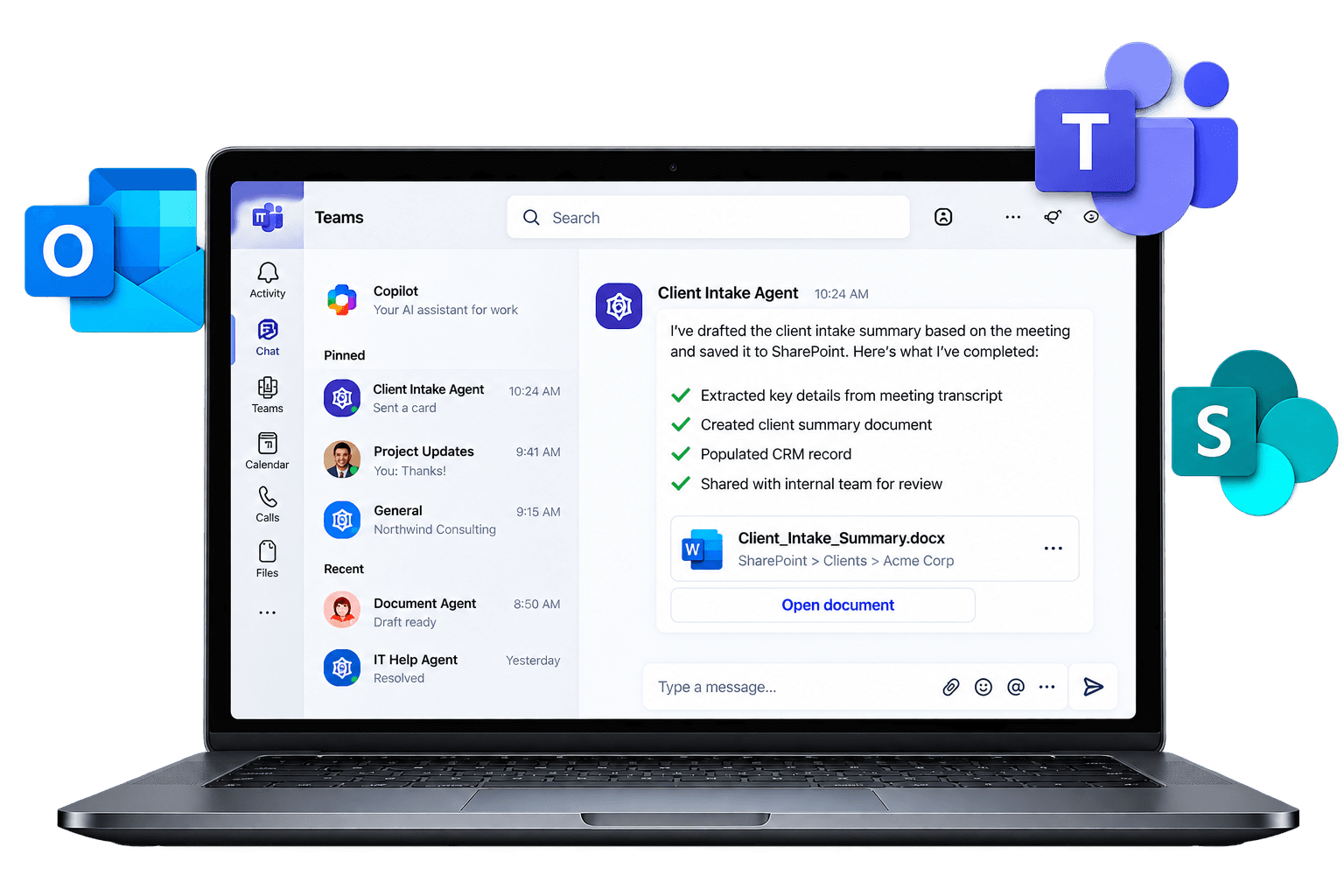A Teams chat showing an AI agent completing a client-intake task inside Microsoft 365