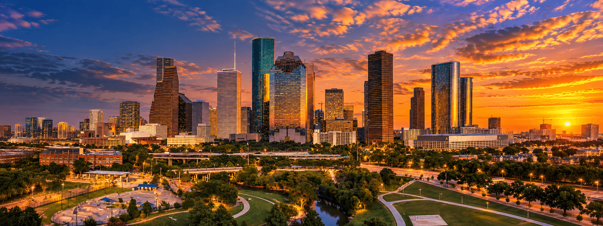 Downtown Houston skyline at sunset