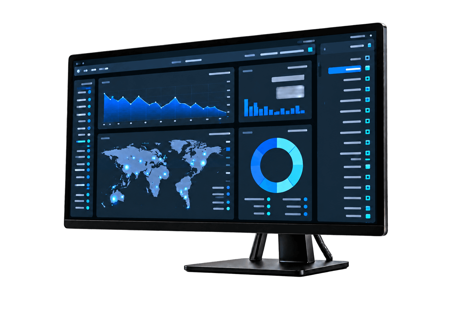 Analytics dashboard with charts and a world map on a desktop monitor